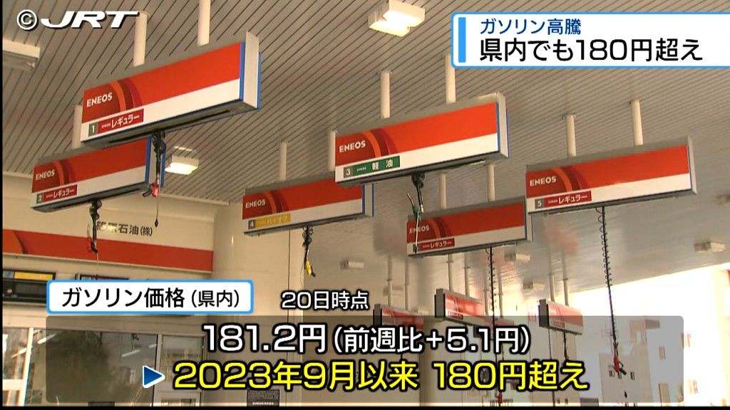 約1年5か月ぶりに180円超え　1月20日時点の県内のレギュラーガソリン小売価格181.2円【徳島】　