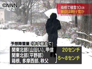 関東で真冬並みの寒さ、箱根は積雪１０ｃｍ