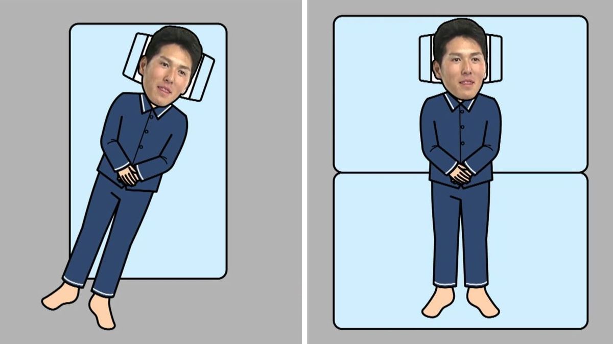 ベッドで寝る秋広選手のイメージ、左：斜めだと体が収まらない　右：ベッドを2つ並べて横向きに寝ている