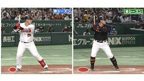 昨季(左)と今季(右)で変化がある巨人・岡本和真選手のバッターボックスでの立ち位置　