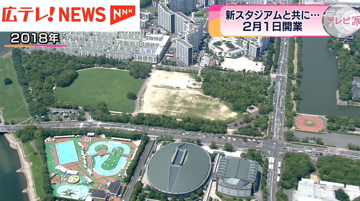 中央の広い公園に、スタジアムが建設された