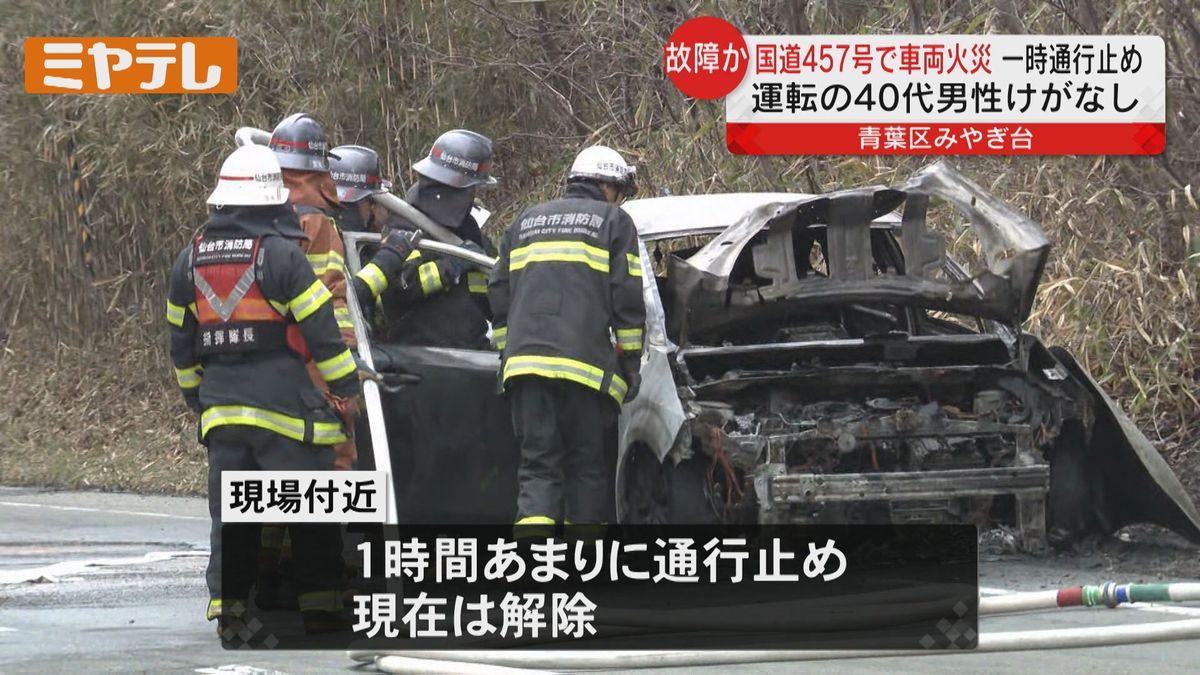 【道路わきの車両から激しい炎】仙台市青葉区の国道で車両火災　付近の道路が一時通行止め