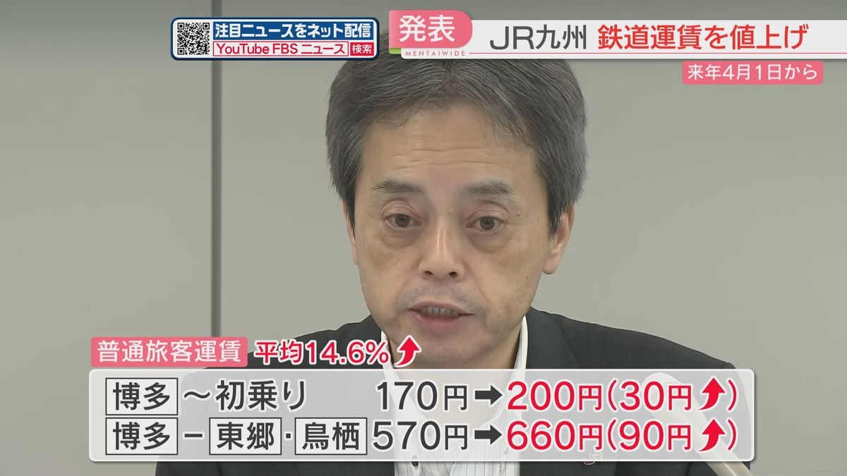 【JR九州】初乗り170円→200円に　平均15パーセントの値上げ　2025年4月から「上昇をお願いしないと鉄道運営経営は苦しい」
