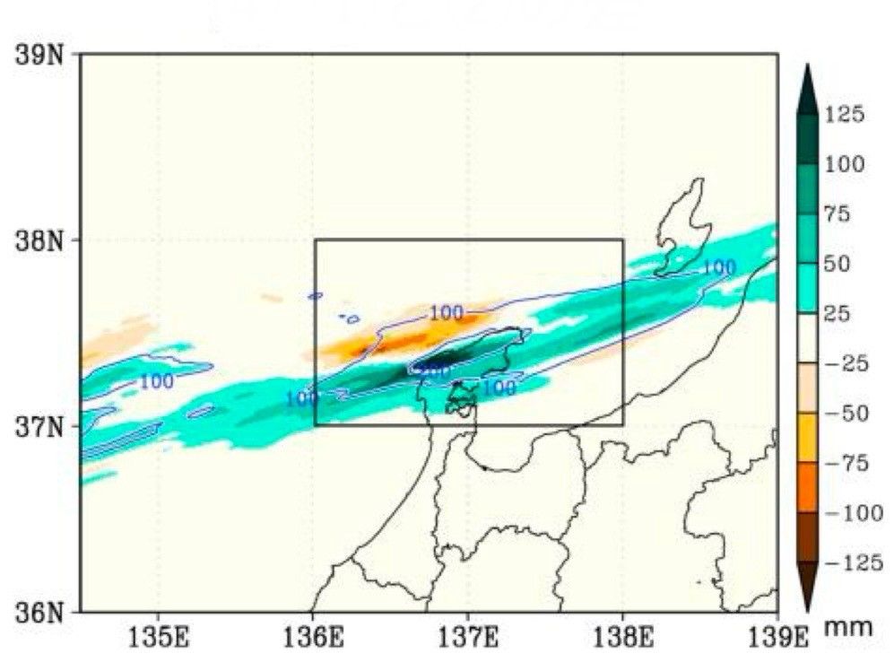 奥能登豪雨シミュレーション（温暖化がないと仮定したケースとの雨量の差）　気象研究所より