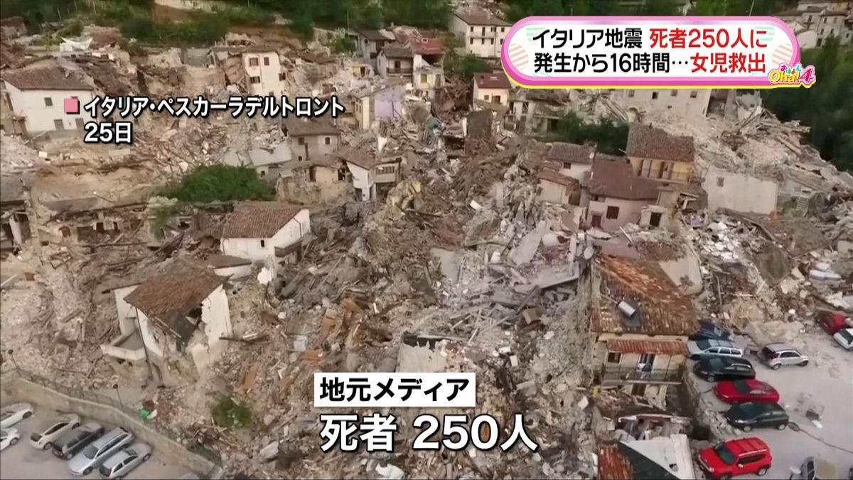 イタリア地震捜索活動続く　死者２５０人に