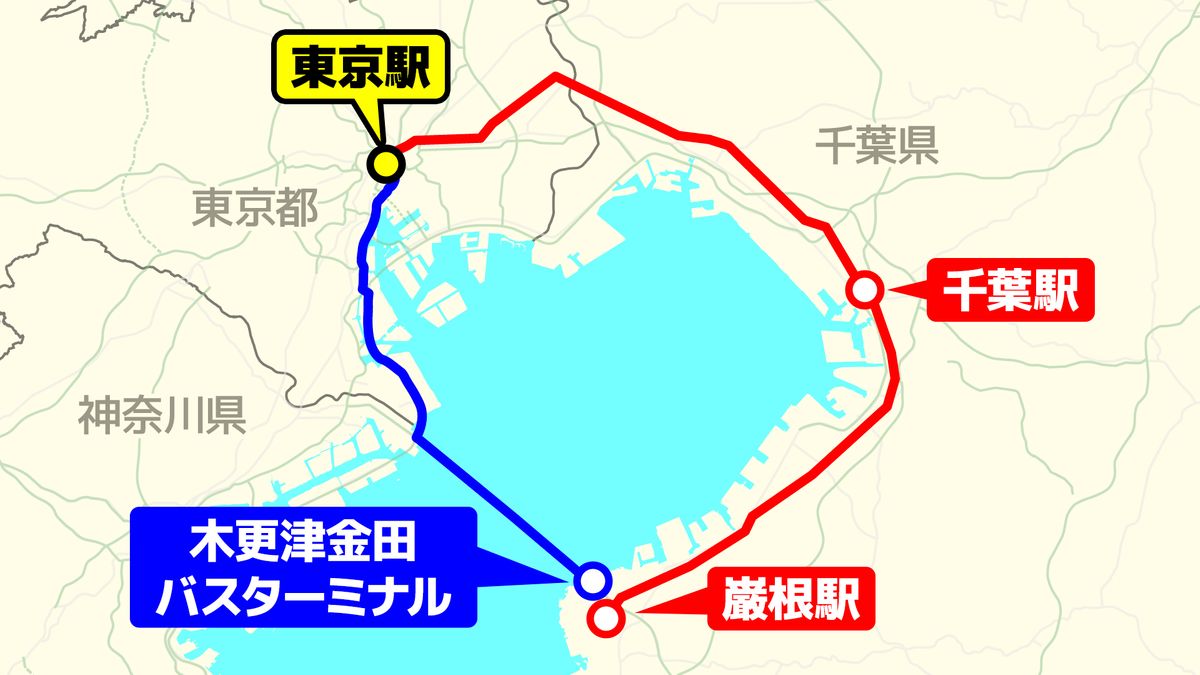 木更津から東京駅までのルート。青線が高速バス利用時。赤線が鉄道利用時。