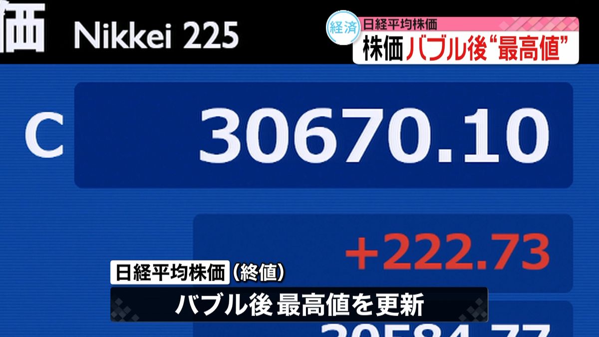 株価３１年ぶり水準　バブル崩壊後の最高値