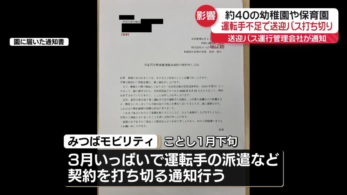 送迎バス運転手の派遣「打ち切り」約40の幼稚園などへ運行管理会社が通知