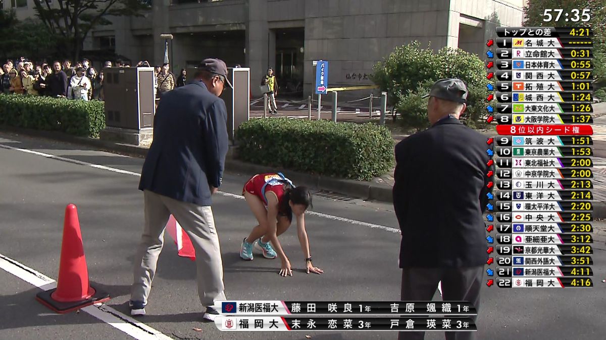 大阪芸術大3区の菅崎選手は転倒しながらも立ち上がりタスキをつなぐ