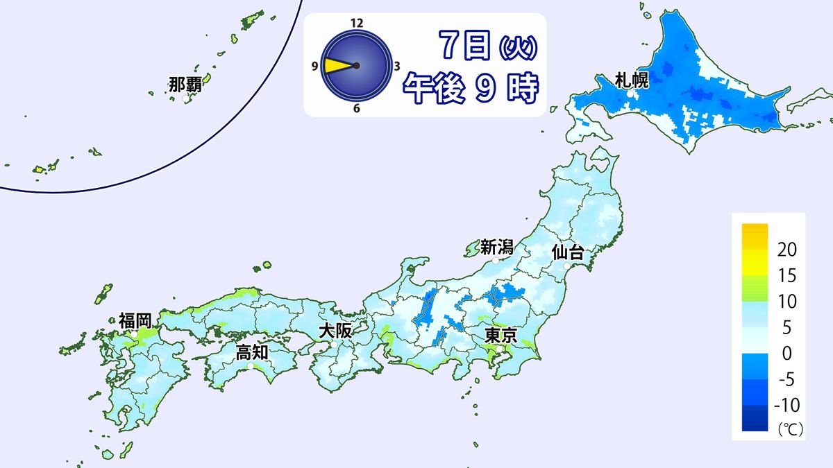 7日(火)午後9時の気温の分布