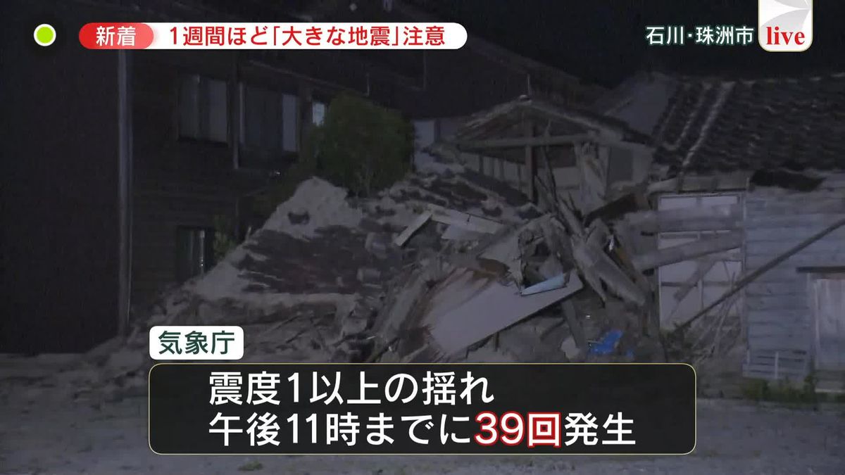 能登地方で地震相次ぐ　震度6強以降に震度1以上が39回