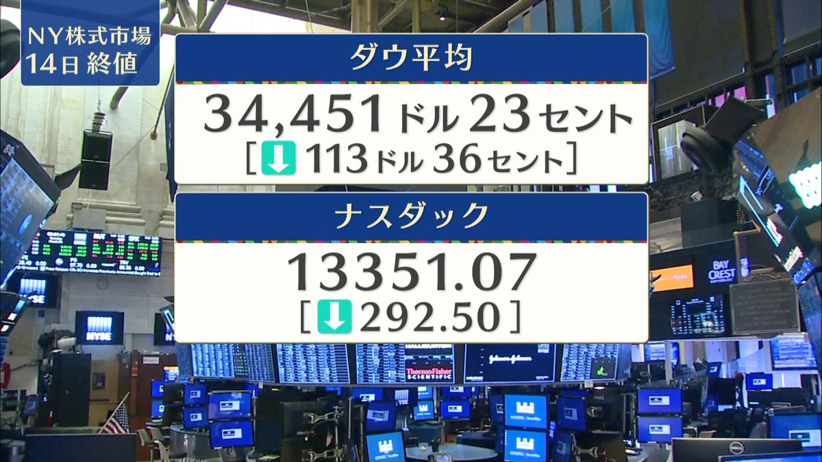 NYダウ113ドル安　終値3万4451ドル