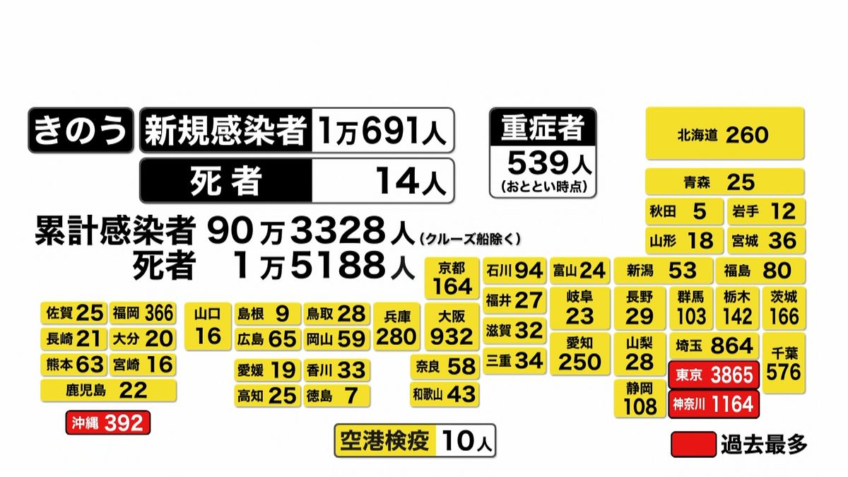 全国感染者１万０６９１人　初の１万人超