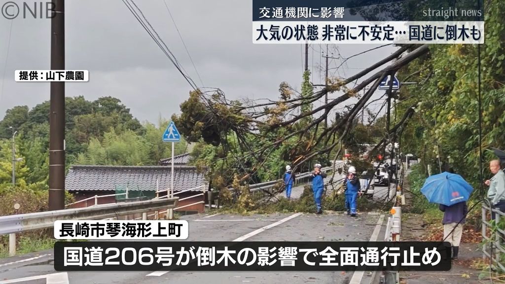 県内大気の状態非常に不安定「強い雨と風で国道に倒木も」交通機関も海の便や空の便に影響《長崎》