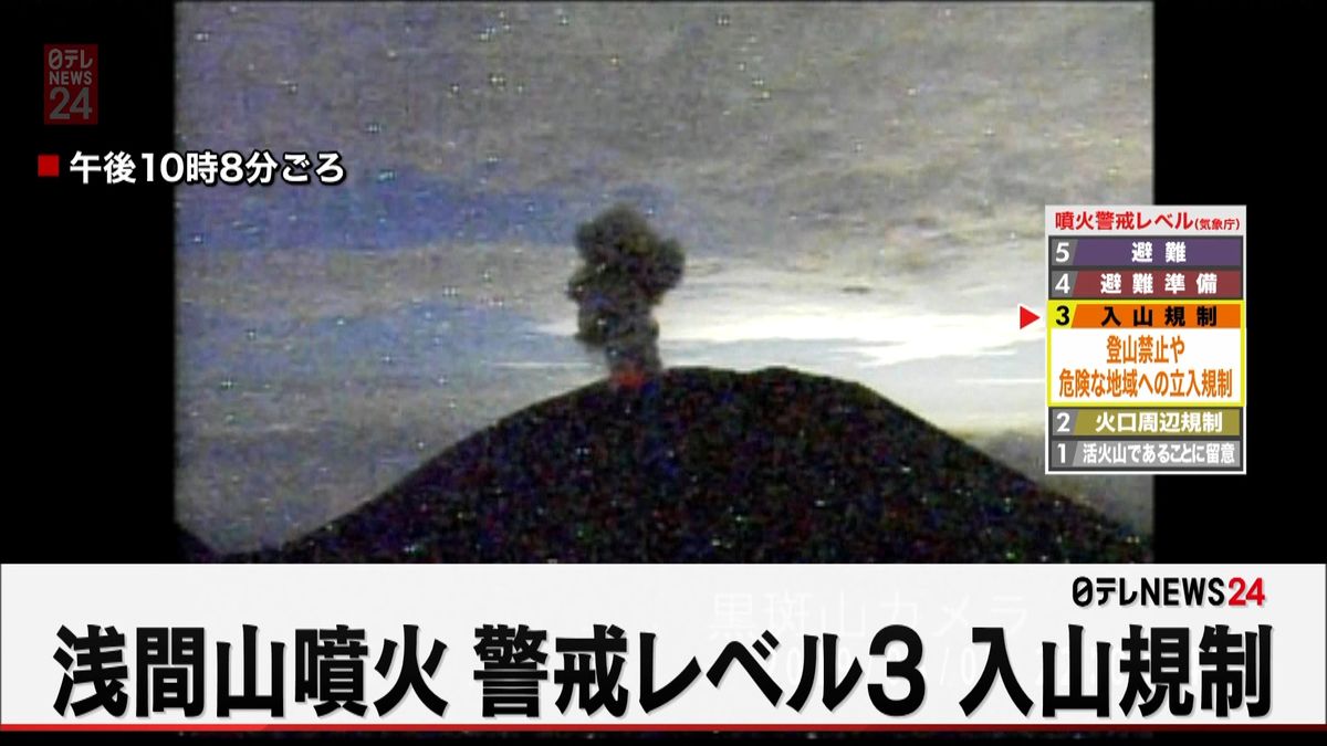 浅間山が噴火　警戒レベル３（入山規制）に