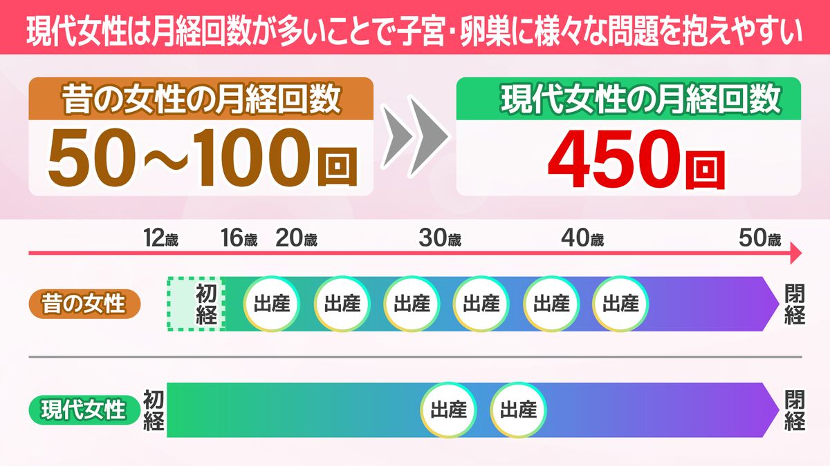 現代女性は月経回数が多いことで子宮・卵巣に様々な問題を抱えやすい