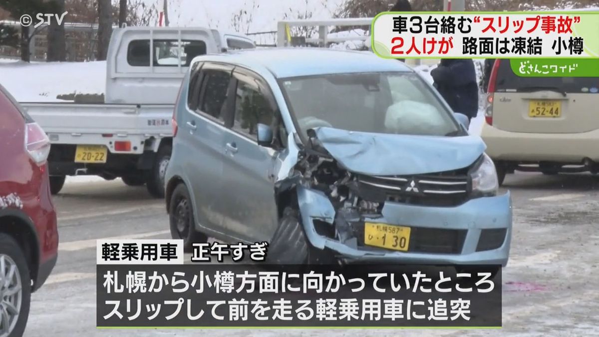 凍結路面でスリップ　軽乗用車など３台が絡む事故　運転手の男女2人けが　北海道小樽市