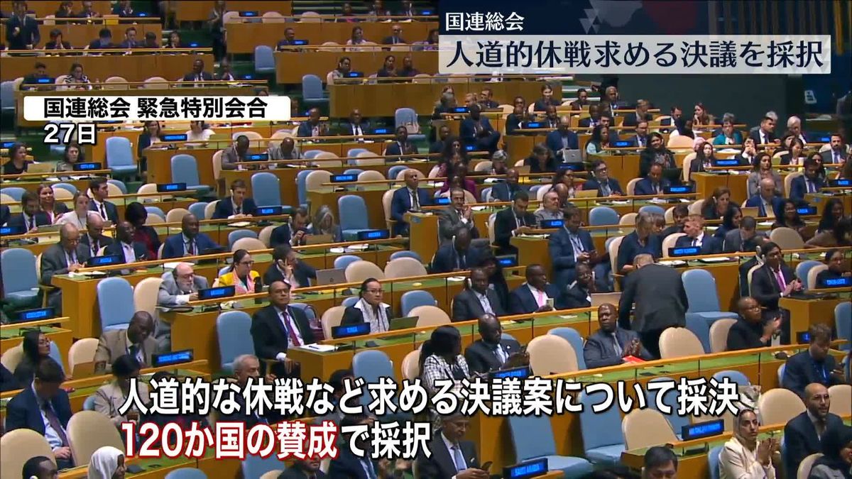 “人道的休戦求める決議”国連総会で採択　米など14か国が反対、日本やイギリスなど45か国は棄権