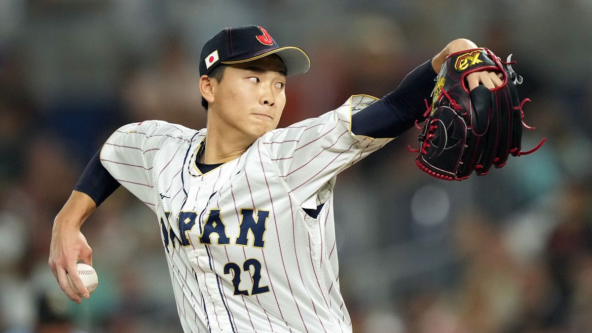 8回に3番手として登板した湯浅京己投手 (c)写真： Eric Espada/Getty Images