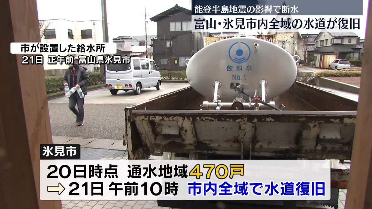 富山・氷見市　市内全域の水道が復旧　住宅内の水漏れなどで飲み水が必要な人にペットボトルの水は配布へ