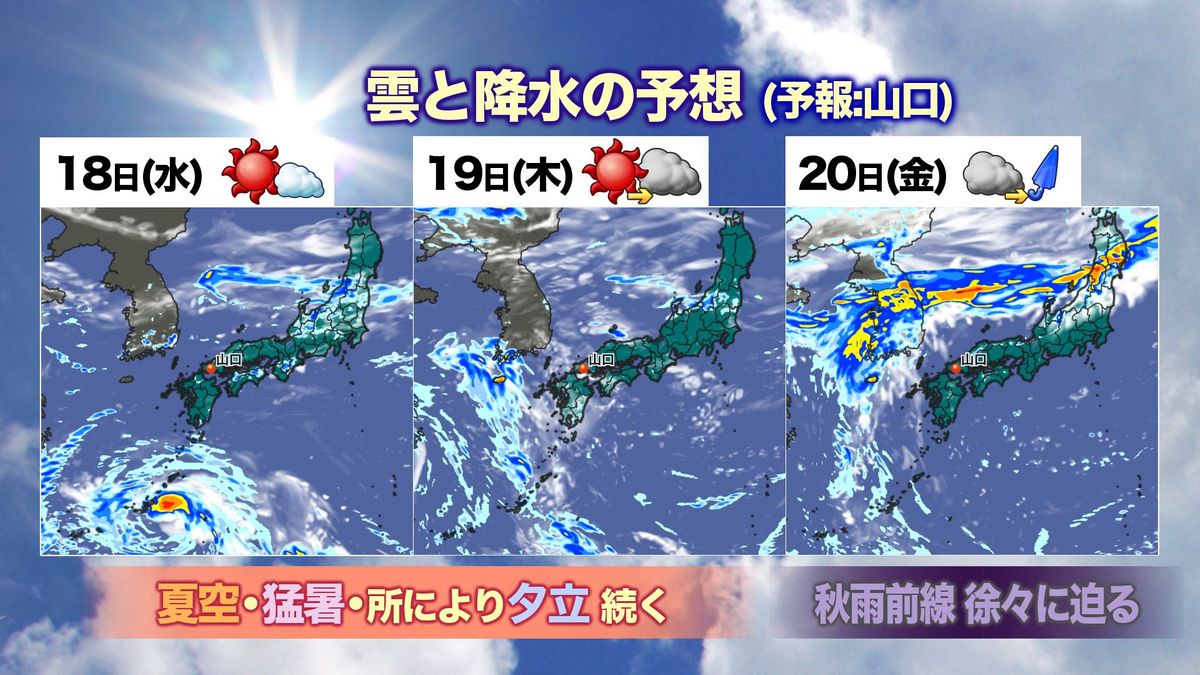 【山口天気 夕刊9/17】十五夜過ぎても続く猛暑　一方で秋雨前線も南下で　週末には猛暑鎮める雨に