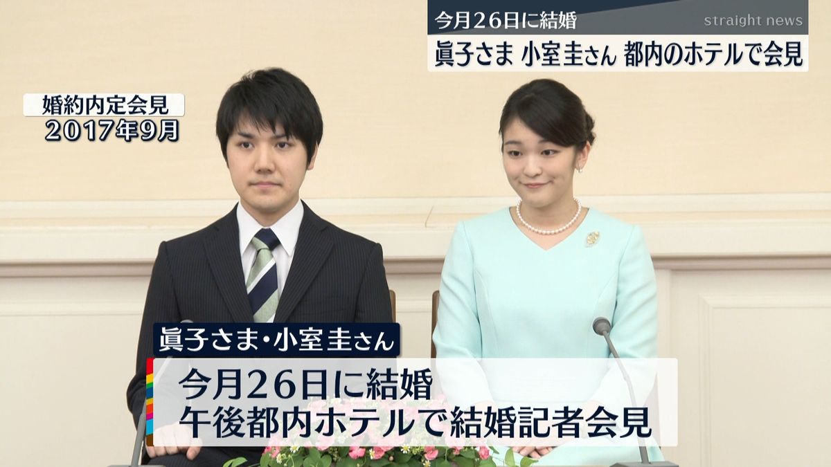 眞子さま会見　２６日午後に都内のホテルで