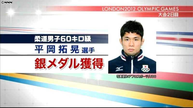 男子６０キロ級、平岡が銀　日本人第１号