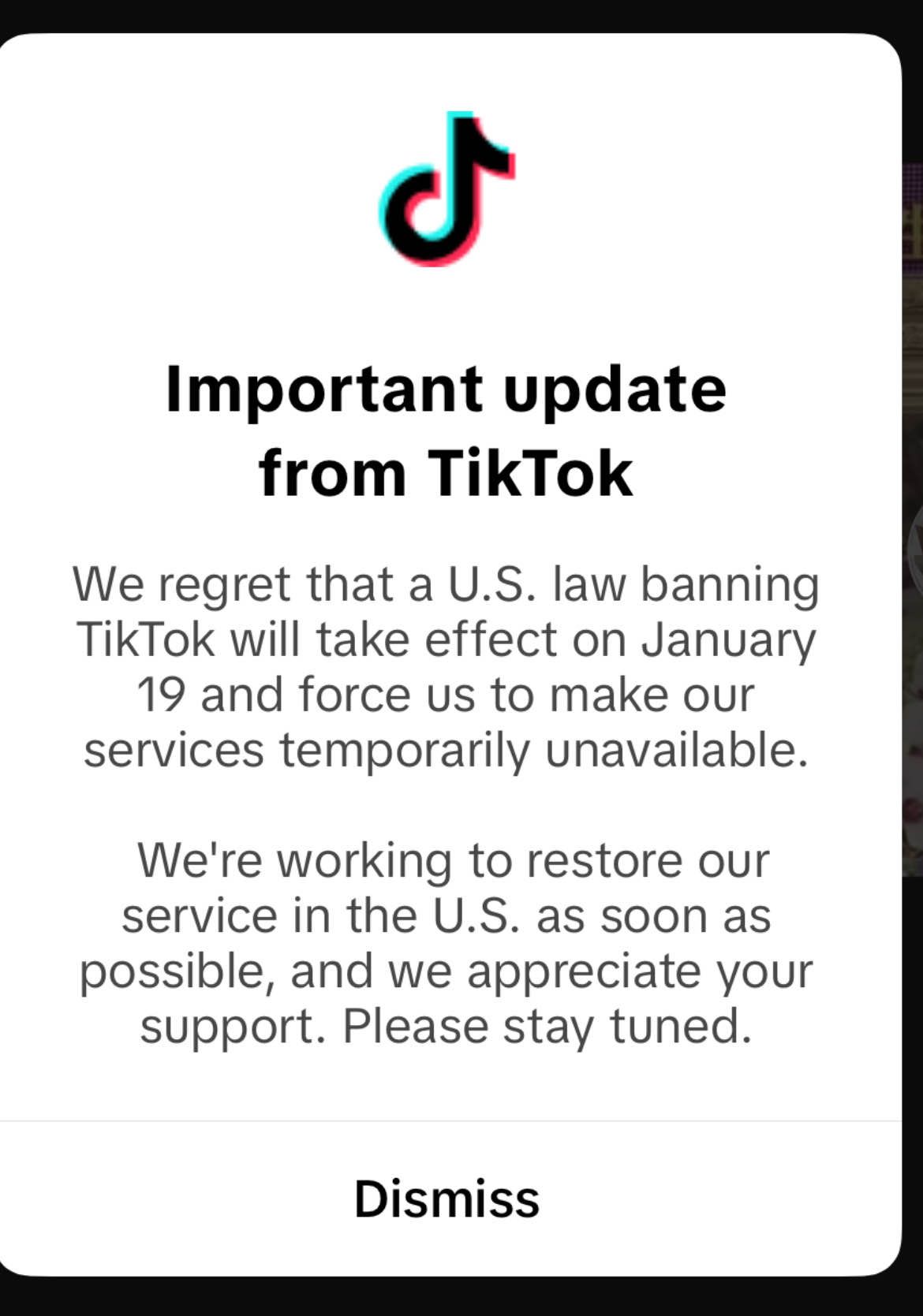 「TikTok」米国内で一時的にサービス停止する予定を通知