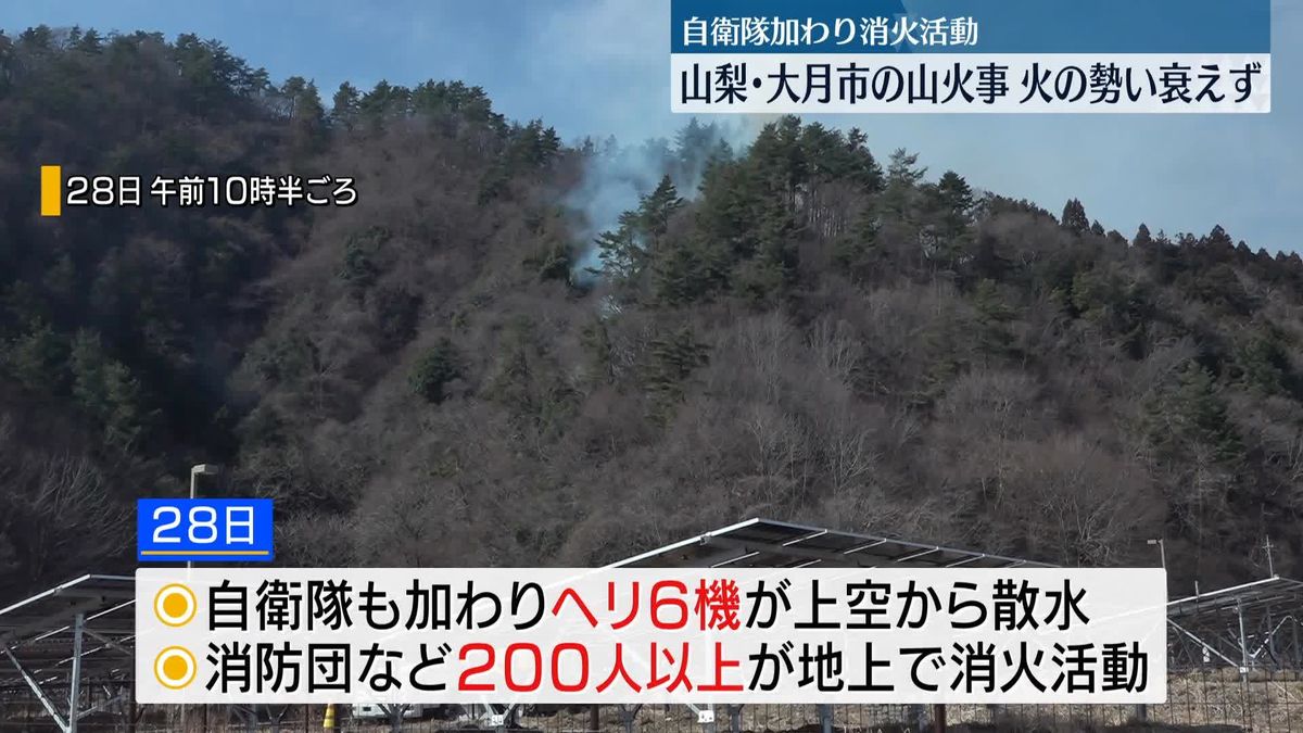 大月市の山火事、消火活動再開も火の勢い衰えず　山梨