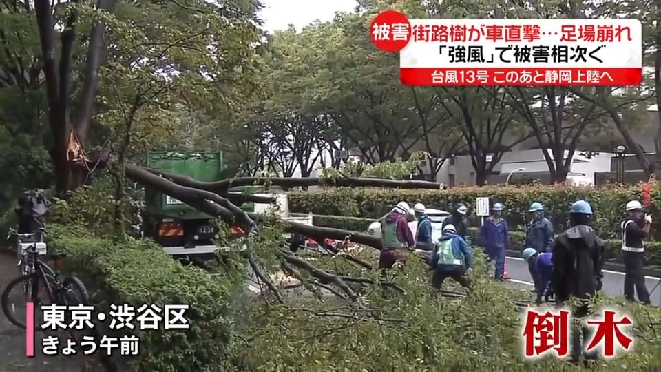 「台風13号」各地で冠水や強風被害　駅の天井から大量の雨水…　街路樹が倒れ車を直撃