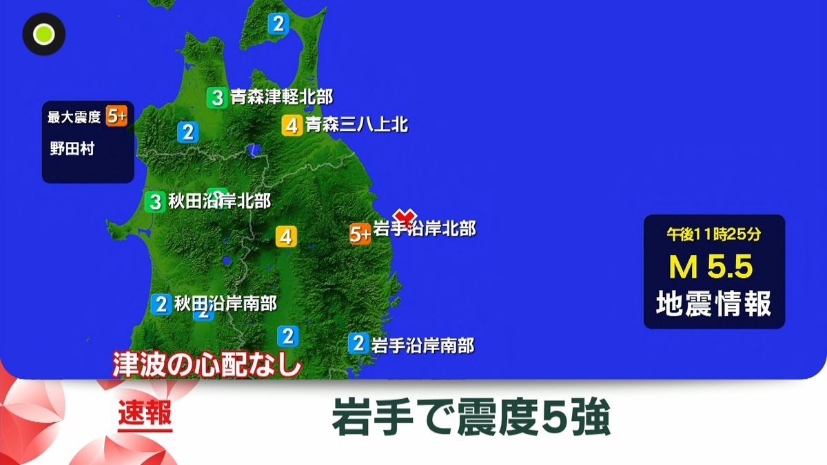 岩手・野田村で震度5強　津波の心配なし