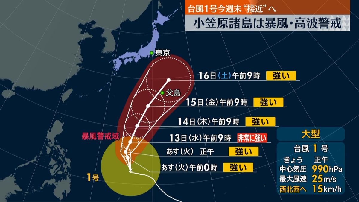 台風1号北上中　15日には強い勢力で小笠原諸島に接近