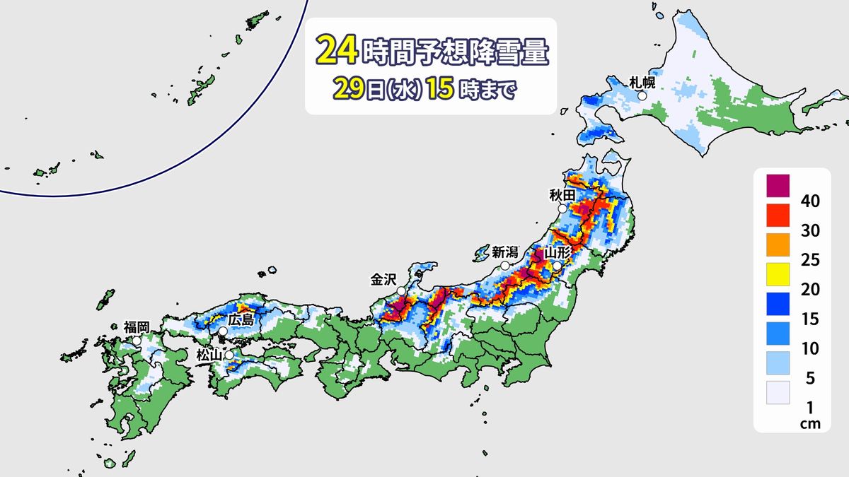 降雪量の予想(29日午後3時までの24時間)