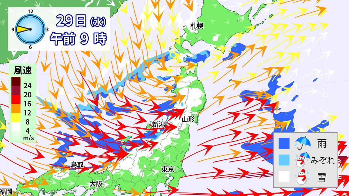 雨･雪と風の予想(29日午前9時)