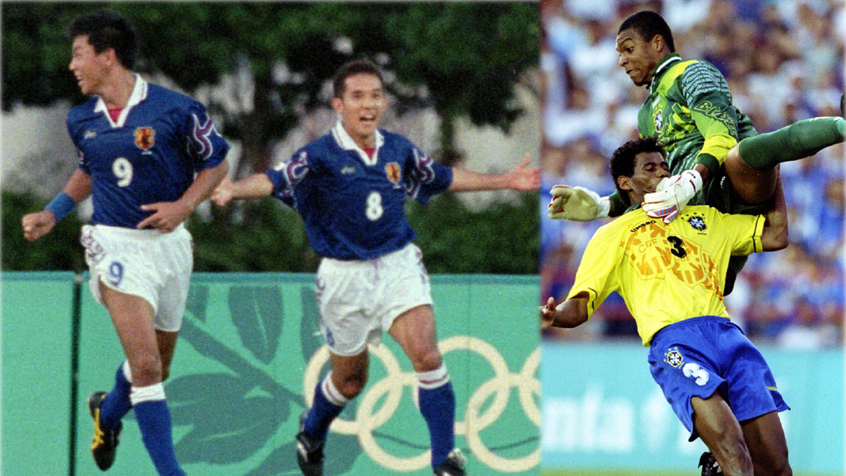 左：ブラジル戦に出場した城彰二さん(左)と決勝ゴールを決めた伊東輝悦さん(右)【写真：AP/アフロ】　右：交錯したブラジル代表のジダさん(上)とアウダイールさん（下）【写真：ロイター/アフロ】