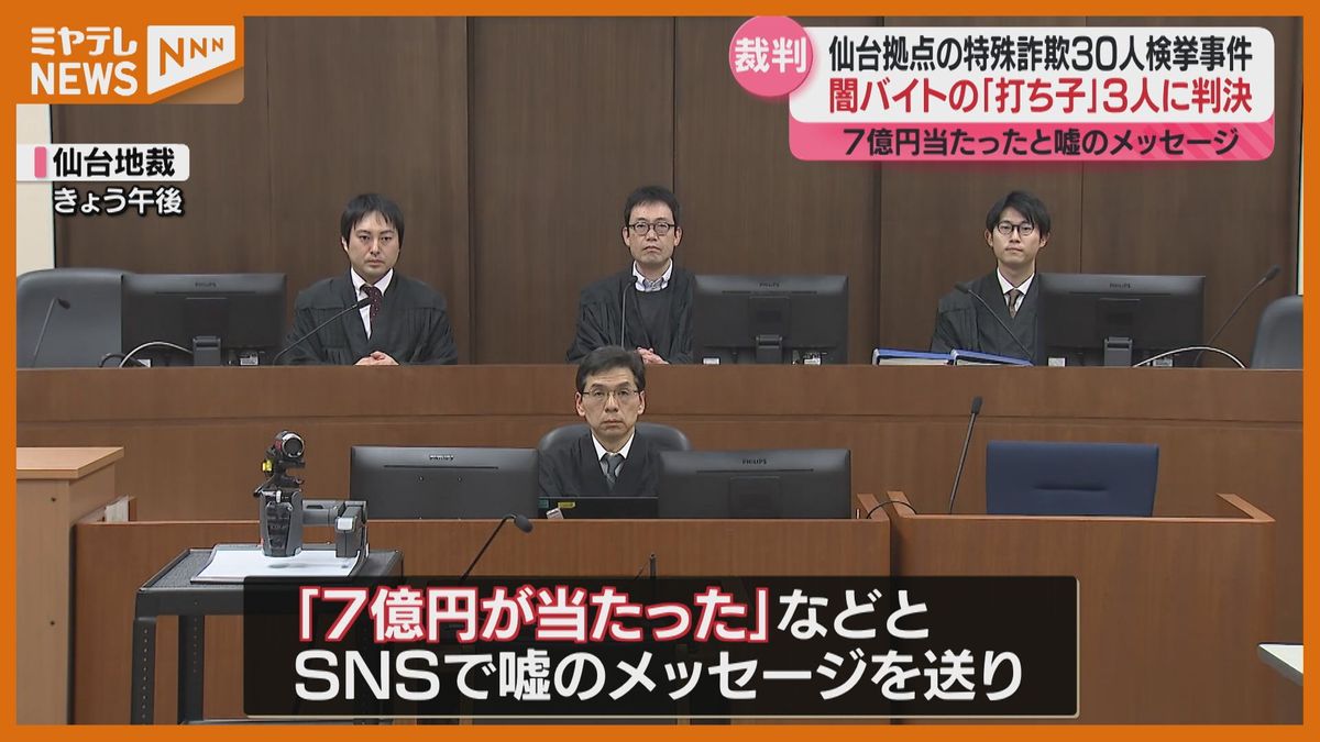 SNSで嘘メッセージ「7億円当たった」…「打ち子」役3人に”実刑判決”、仙台拠点の特殊詐欺グループ30人逮捕の裁判（仙台地裁）