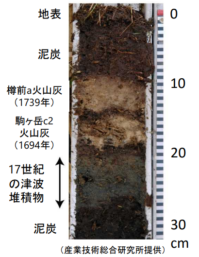 北海道の津波の痕跡・17世紀には津波によって打ち上げられた厚い砂の層がある※地震調査研究推進本部資料から