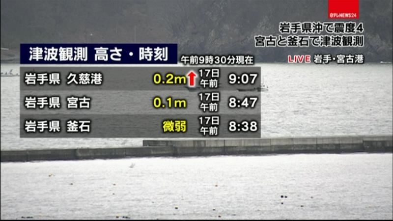 岩手・久慈港で０．２ｍの津波を観測