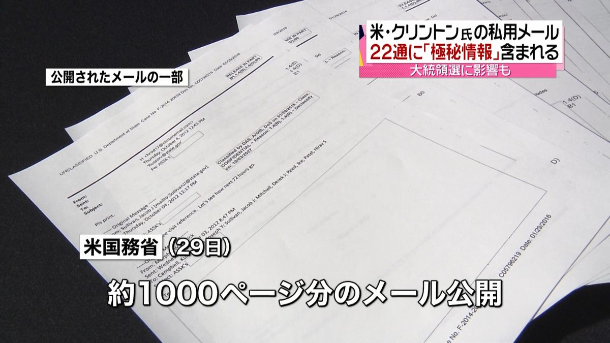 クリントン氏　私用メールに「最高機密」も