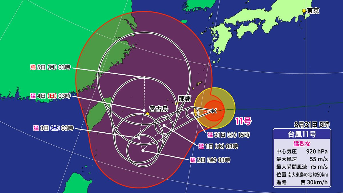 猛烈な台風11号　南大東島付近を西へ