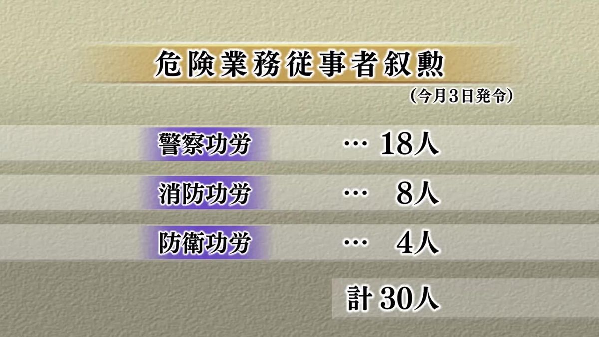 警察・消防など　危険業務従事者叙勲　県内から30人受章