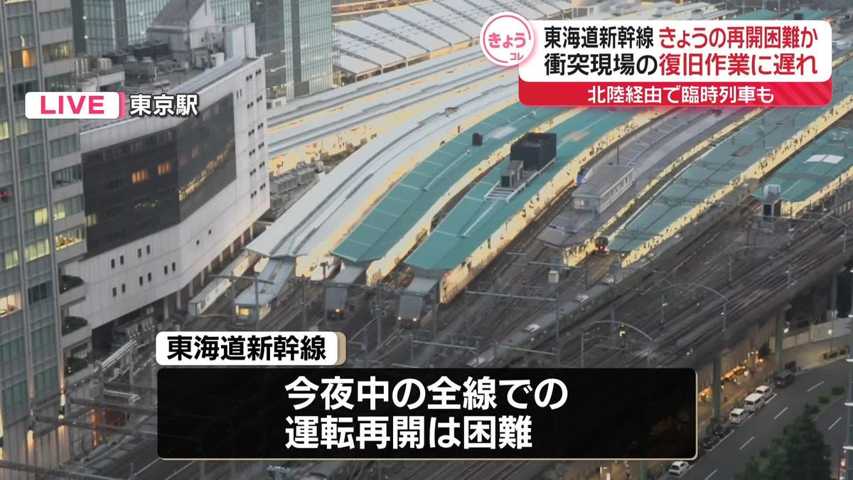東海道新幹線、きょうの全線運転再開は困難か　衝突現場の復旧作業に遅れ　北陸経由で臨時列車も