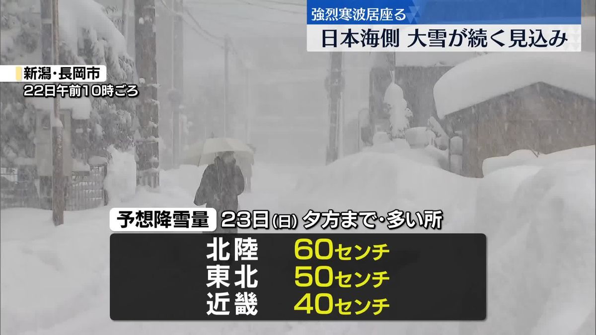 日本海側で日曜～月曜日にかけて大雪が続く見込み　交通障害などに注意