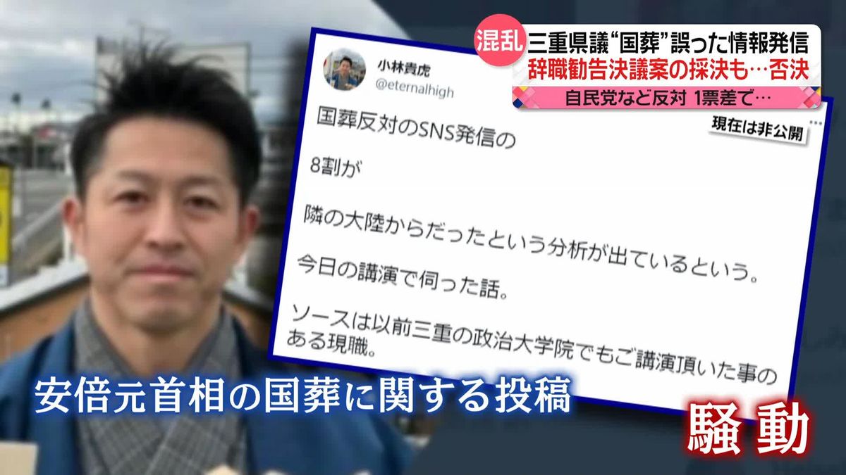 “1票差”で否決　“国葬”で誤情報発信の三重県議　辞職勧告決議案の採決で