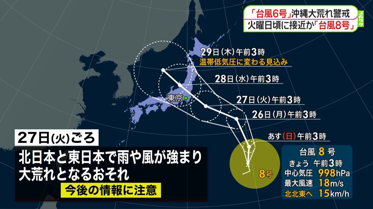 沖縄大荒れ…台風８号は北～東日本に接近か