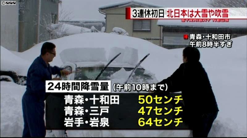 北日本で大雪・吹雪、風速３０ｍ超も