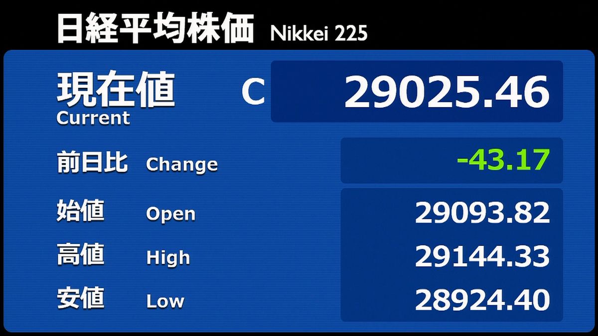 日経平均４３円安　終値２万９０２５円