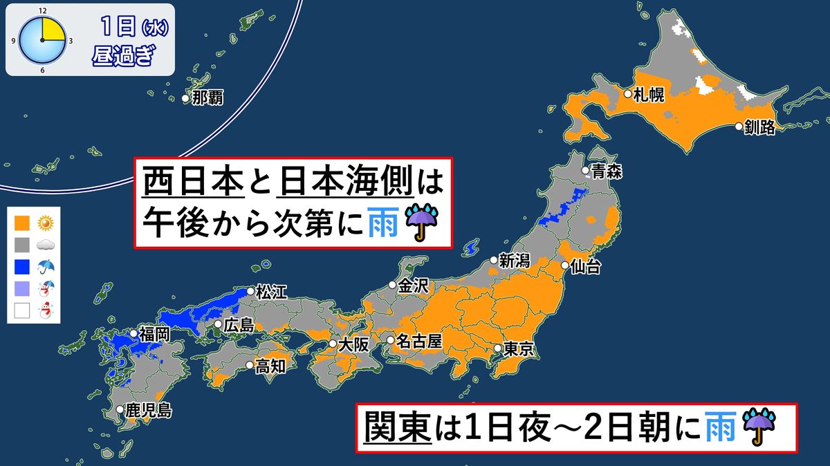 西日本や日本海側から雨　関東は夜から雨