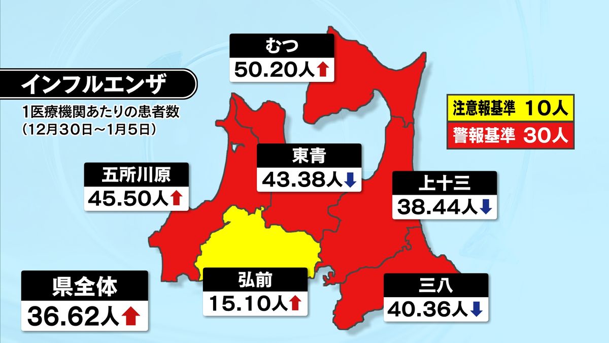 「五所川原・むつ」にもインフルエンザ警報発表　年末年始で患者さらに増加