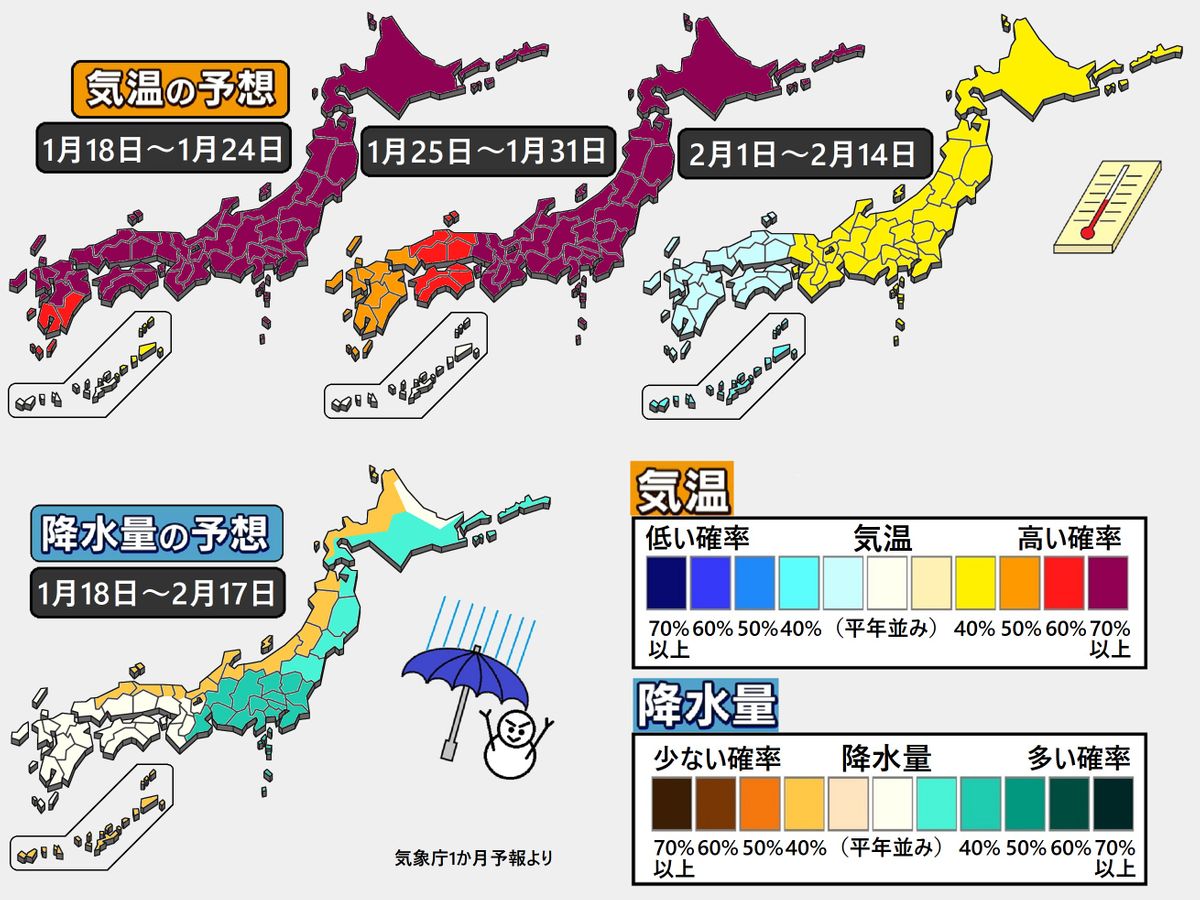 【1か月予報】寒さ緩み広範囲で高温傾向